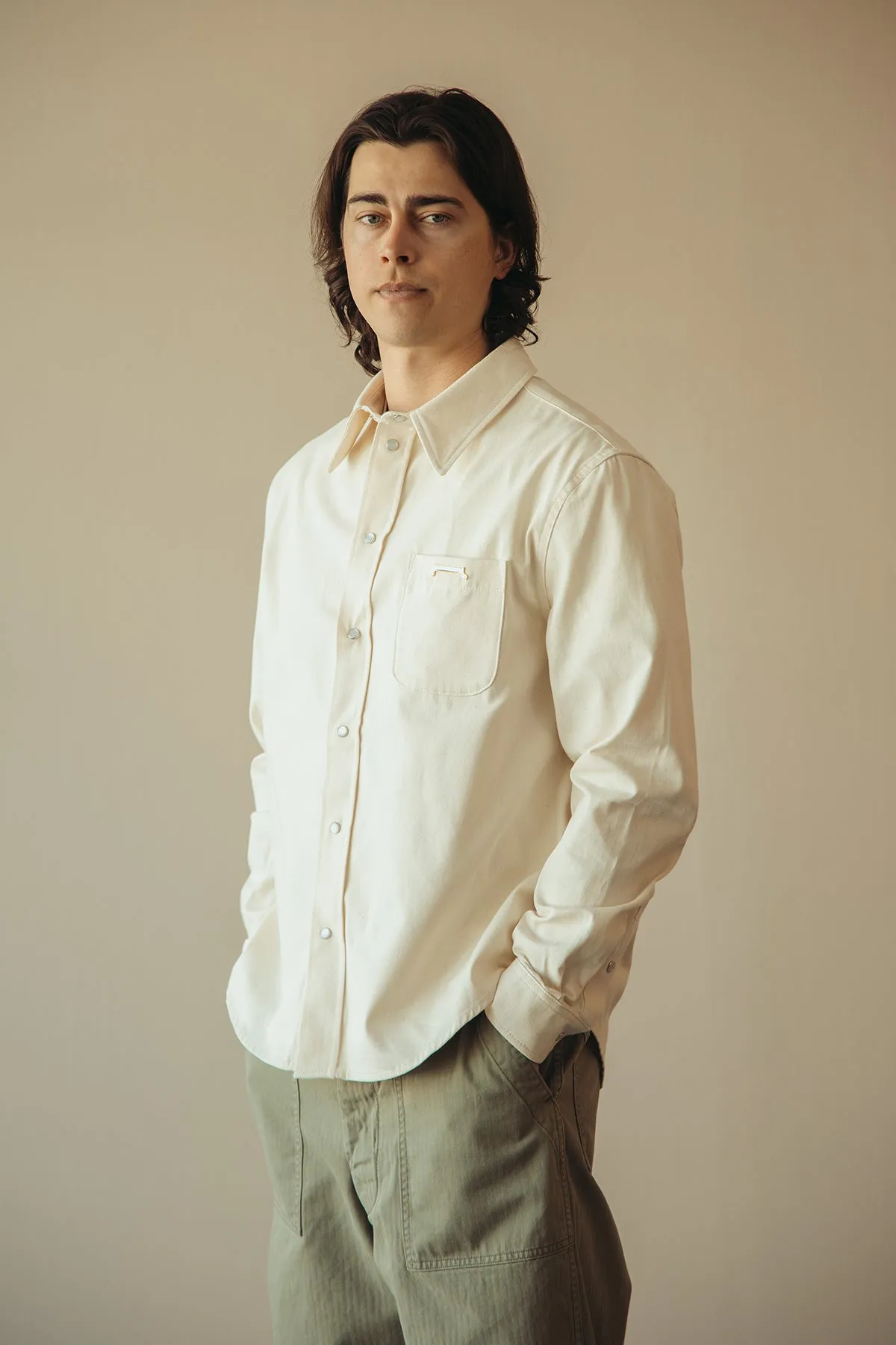 Colored Light Denim Western Shirt - Bone